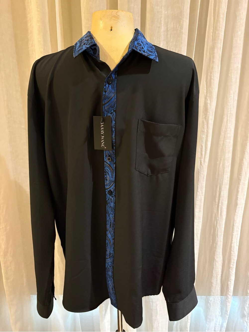 Black Dress Shirt with Blue Paisley Contrast Collar